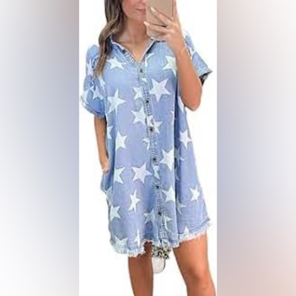 Star-Print Chambray Shirt Dress - Blue - Picture 5 of 16